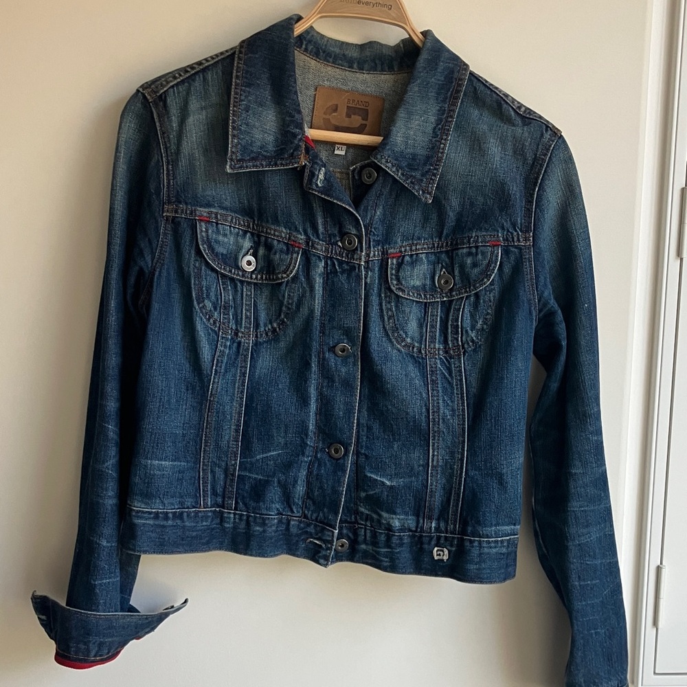 G BRAND Classic Dark Denim Jacket w/ Contract Red Piping, Made in Italy Size XL